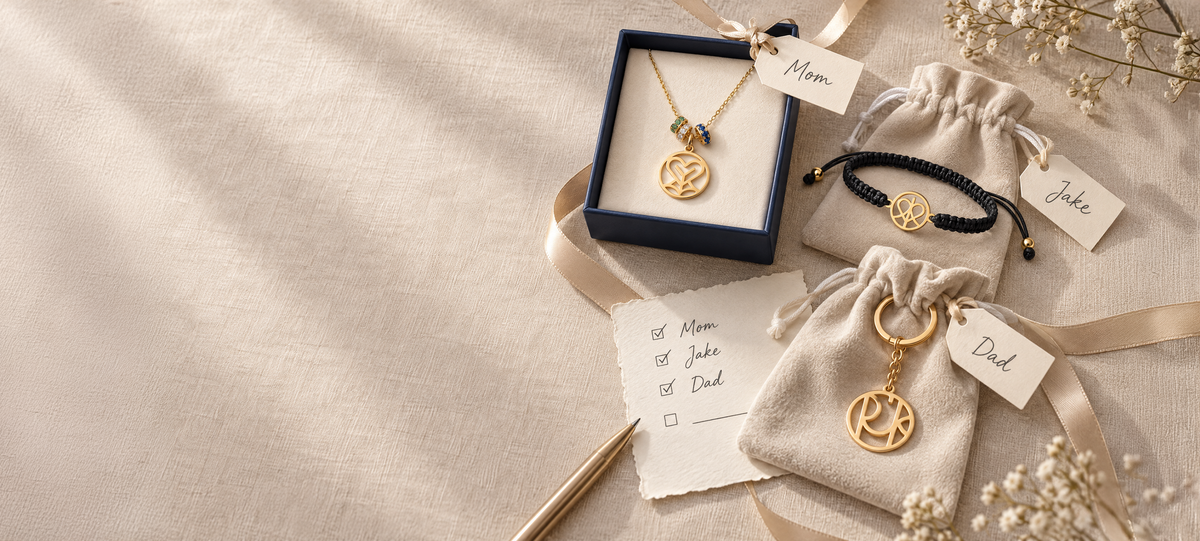 Personalized monogram necklace in a gift box, a braided cord bracelet and a keychain, each tagged with a name, next to a gift list